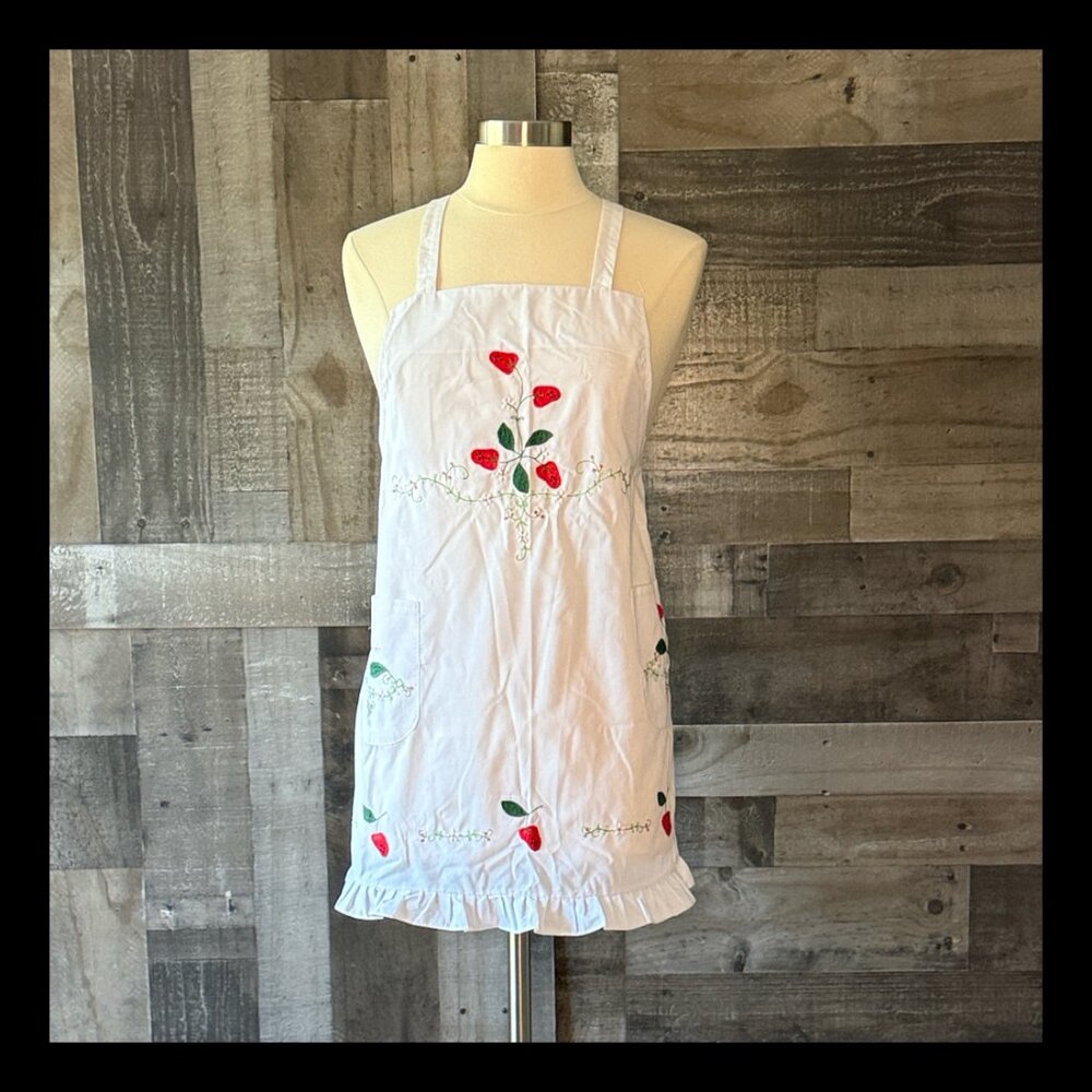 Handmade white apron ruffles floral embroidery strawberries vintage inspired
